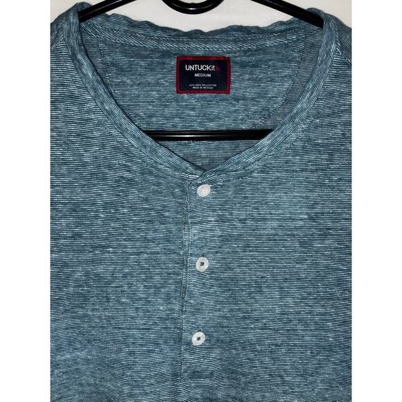 Untuckit Linen Henley Short Sleeve Shirt Mens M Blue stretch lightweight golf - Picture 2 of 6